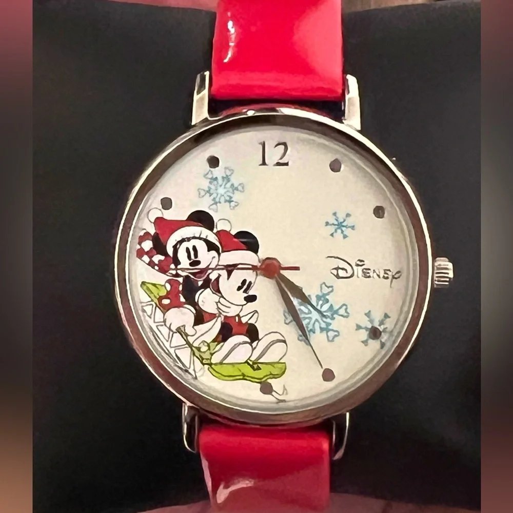 Vintage Disney Mickey and Minnie Mouse Festive Christmas Watch Red Strap Gift
